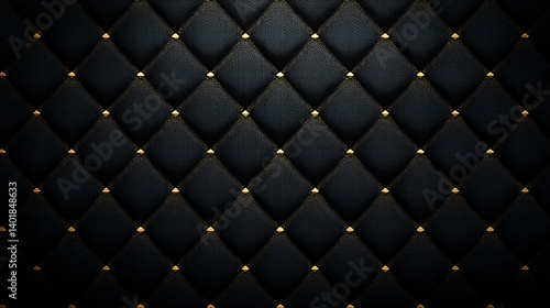 A textured black quilted pattern with diamond shapes and gold accents, creating an elegant and luxurious appearance.