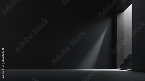 A minimalist scene featuring a dark room with a doorway illuminated by light, creating a contrast between shadow and brightness.