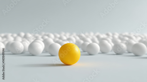 A vibrant yellow ball stands out among numerous white balls, creating a striking visual contrast and symbolizing individuality in a sea of uniformity.
