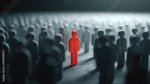 A striking visual of a red figure standing out among numerous gray figures, symbolizing individuality and distinction in a crowd.