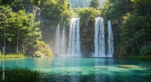 Lush Green Forest Waterfall Cascading into a Tranquil Pool