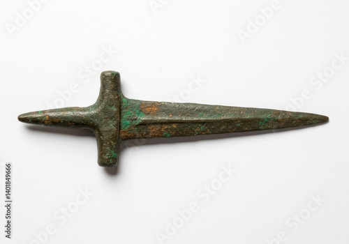 A tarnished bronze age dagger with a cruciform hilt lying on a white surface in a studio setting