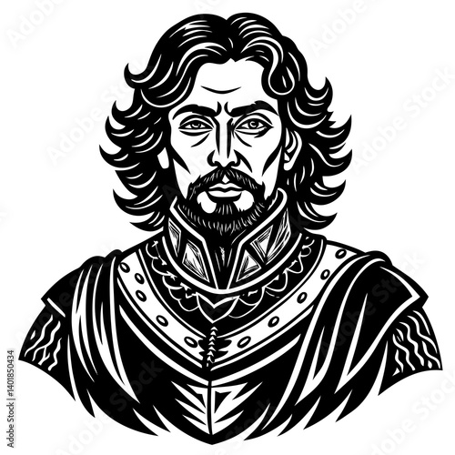 Vector Illustration Of Nobleman Character In Ornate Clothing With Long Hair And Beard