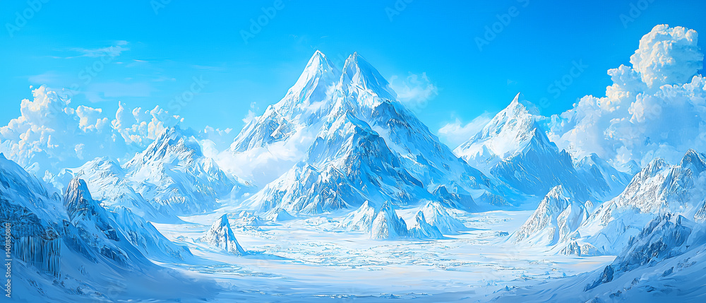 Obraz premium Panoramic view of frozen mountain and clear blue sky