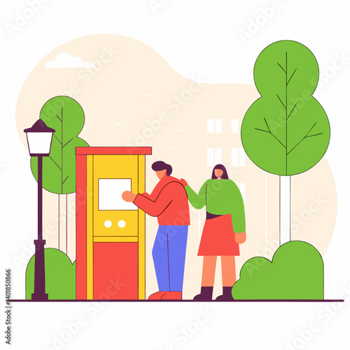 Illustration of couple interacting with an information terminal isolated on white background