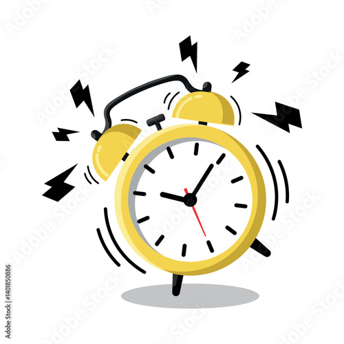 Ringing alarm clock illustration. Clock with loud alarm sound effect. Wake up time.  Shaking alarm clock