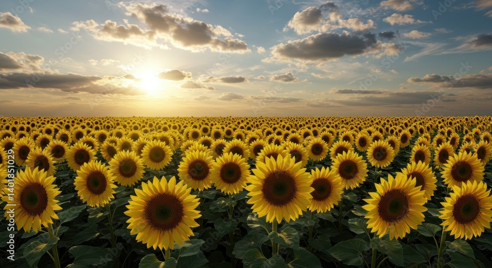Obraz premium Sunflowers Field at Sunset with Cloudy Sky