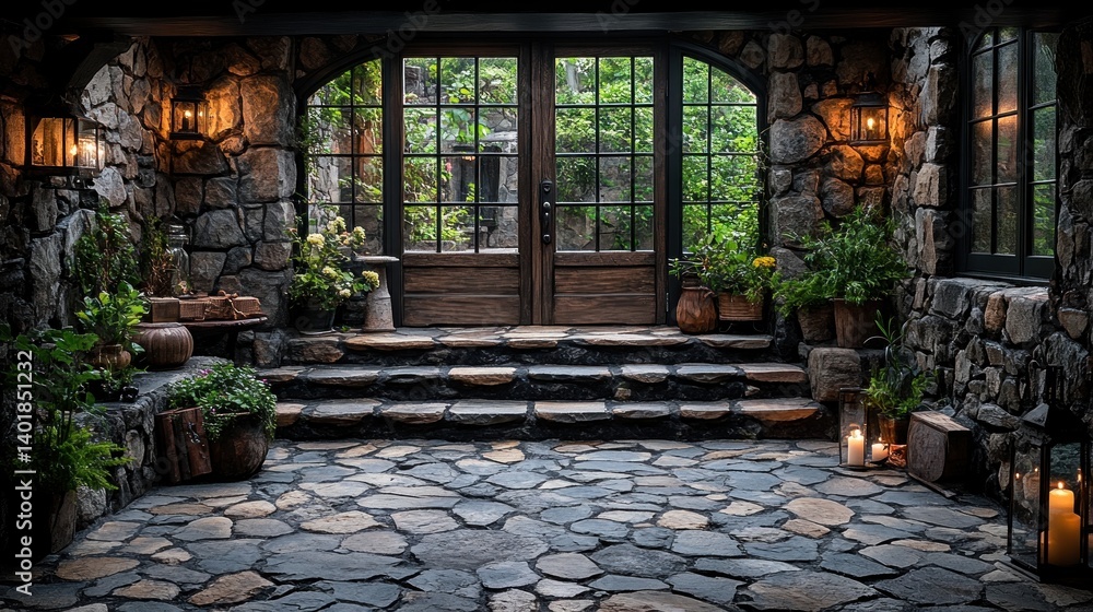 Naklejka premium Rustic Stone Entrance: A Serene Cottage Entryway