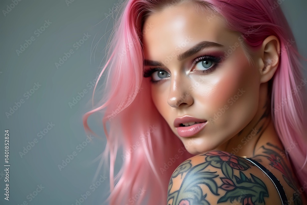 Fototapeta premium Beauty Woman Fashion tattoo model with makeup and pink hair on gray background, closeup with copy space
