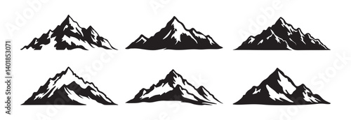 Mountain range silhouette collection. Jagged mountain peaks. Black mountain crest illustration set. Mountainscape vector graphic