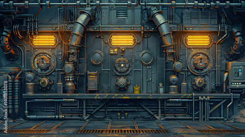 Pixel Art of a Complex Industrial Interior with Metal Panels Gauges and Pipes Detailed Textures and Warm Lighting Creates a Retro Futuristic Vibe