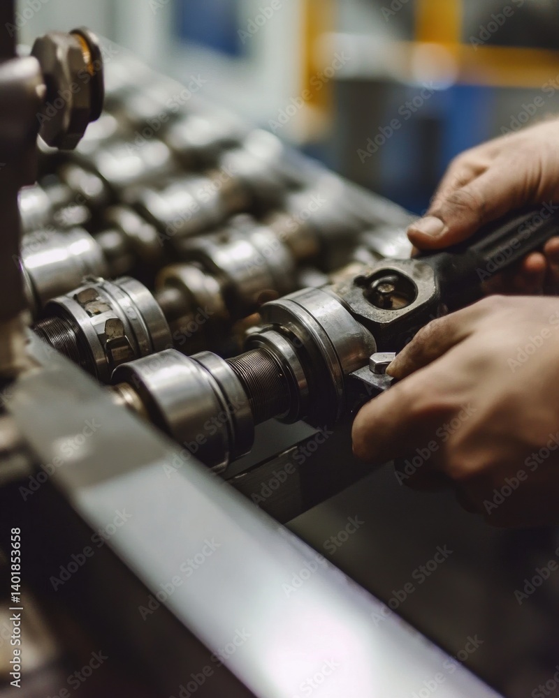 Naklejka premium Industrial mechanic tightening bolts on a factory assembly line. Featuring machinery maintenance and precision