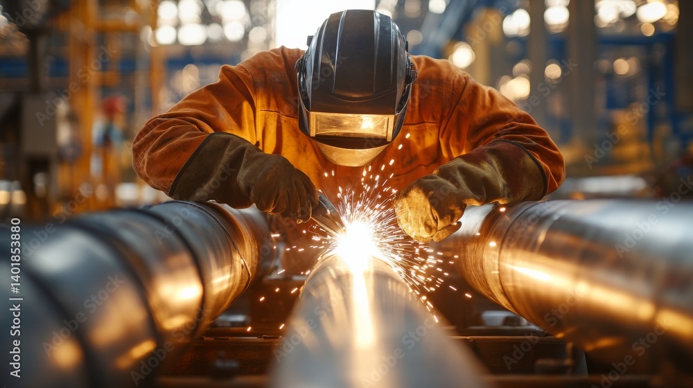 Industrial plumber welding metal pipes in a commercial site. Featuring precision and expertise Industrial plumber welding metal pipes in a commercial site. Featuring precision and expertise