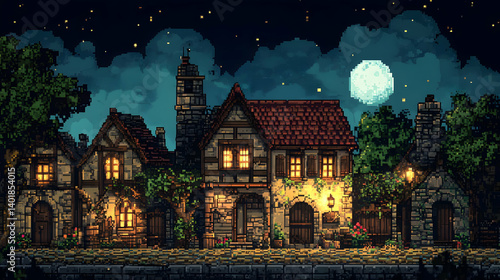 Pixel Art of a Quaint Village at Night under Moonlight Featuring Stone Houses and Trees in Night Sky