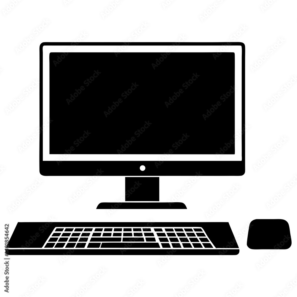 Black And White Vector Illustration Of A Desktop Computer With Accessories Black And White Vector Illustration Of A Desktop Computer With Accessories