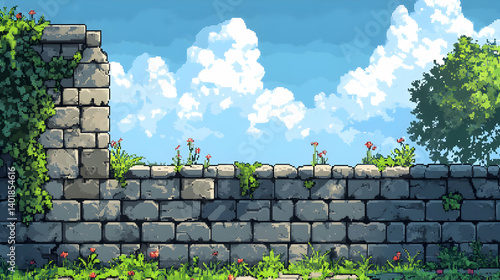 Pixel Art of a Weathered Stone Wall with Flowers and Foliage Under a Blue Sky and White Clouds