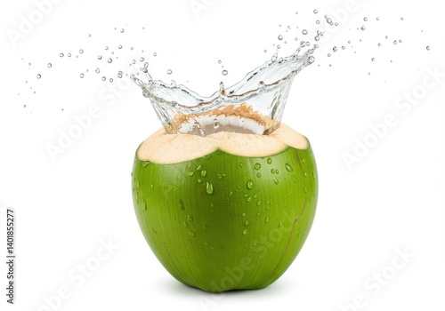 A fresh green coconut with water splashing out of it on a white isolated studio background view