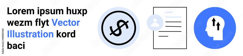 Dollar sign in a circle, document with a user profile, and upward arrows in a head silhouette. Ideal for finance, leadership, career, innovation, education, decision-making simple landing page Dollar sign in a circle, document with a user profile, and upward arrows in a head silhouette. Ideal for finance, leadership, career, innovation, education, decision-making simple landing page