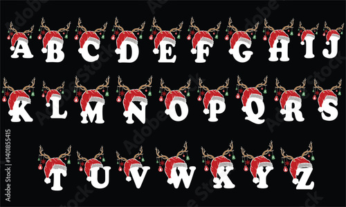 Christmas Alphabet Letters with Santa Hat and Reindeer Antlers