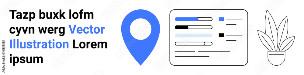 Blue geolocation pin, digital interface with text and lines, and potted plant outlining clean aesthetics. Ideal for mapping, data integration, navigation, UIUX, communication, minimalism flat Blue geolocation pin, digital interface with text and lines, and potted plant outlining clean aesthetics. Ideal for mapping, data integration, navigation, UIUX, communication, minimalism flat