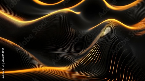 An abstract depiction of golden waves flowing gracefully over a dark background, creating a captivating sense of depth and movement, with smooth curves and contrasting colors forming a rich and