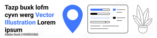 Blue geolocation pin, digital interface with text and lines, and potted plant outlining clean aesthetics. Ideal for mapping, data integration, navigation, UIUX, communication, minimalism flat