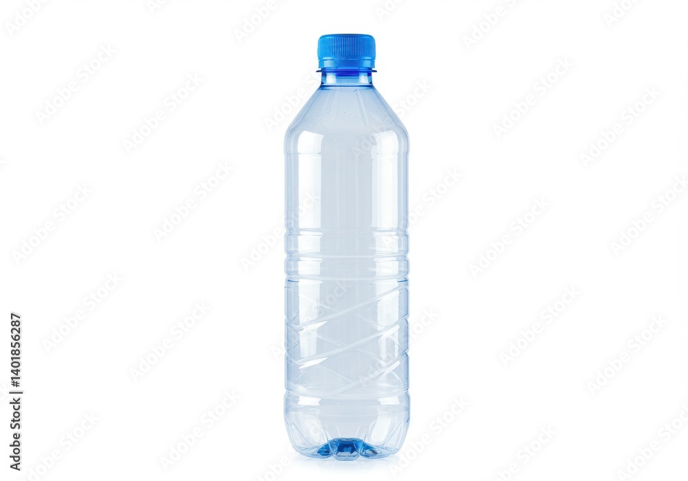 A clear plastic water bottle with a blue cap stands upright against a white background in a studio shot A clear plastic water bottle with a blue cap stands upright against a white background in a studio shot