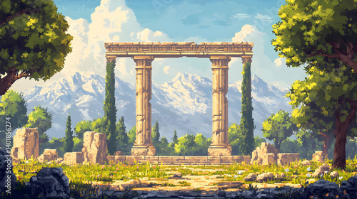 Pixel Art of Ancient Stone Ruins with Columns Archway amidst Trees and Mountains Under a Blue Sky in a Grassy Landscape