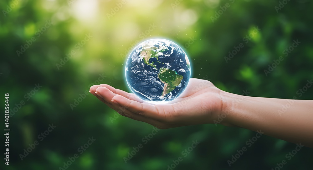Holding a Digital Earth Globe in Hand Against a Green Natural Background Holding a Digital Earth Globe in Hand Against a Green Natural Background