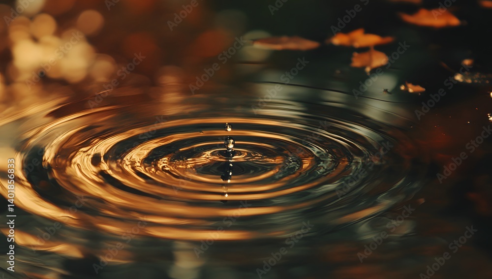 Close-up of raindrops creating ripples on the surface of water, showcasing detailed and intricate patterns in motion. The focus is on capturing the dynamic interaction between droplets and their impre Close-up of raindrops creating ripples on the surface of water, showcasing detailed and intricate patterns in motion. The focus is on capturing the dynamic interaction between droplets and their impre