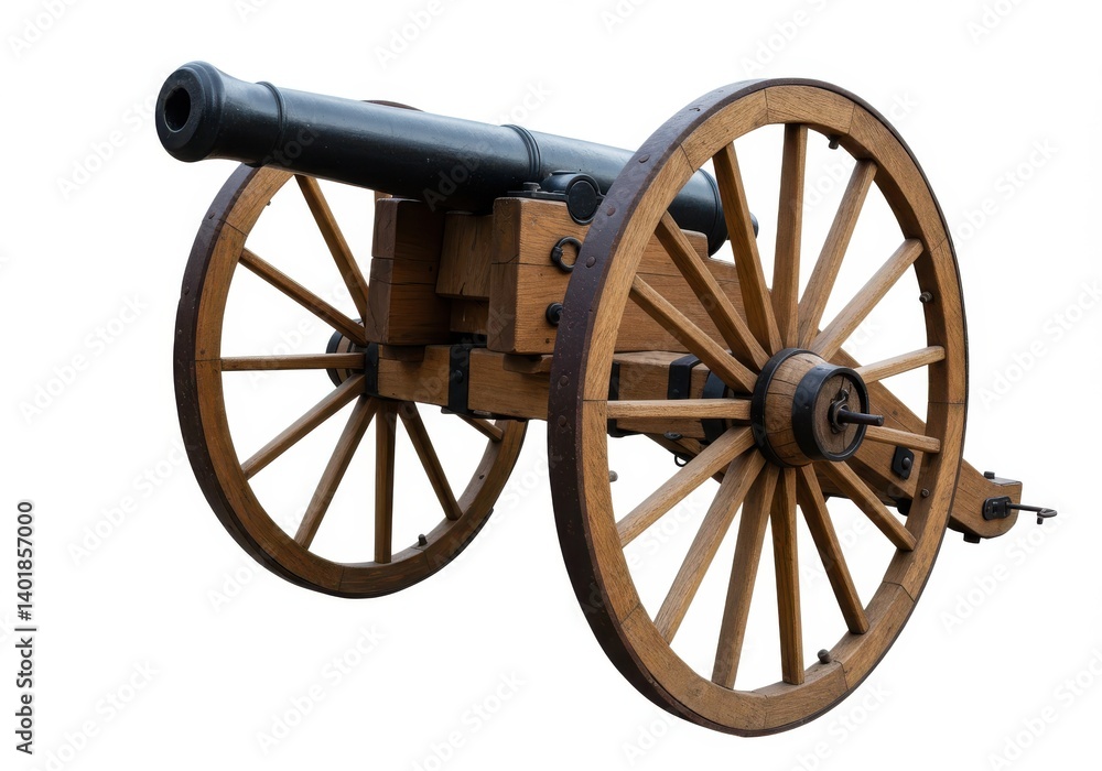 A detailed view of an antique cannon with wooden wheels isolated on a white background image capture A detailed view of an antique cannon with wooden wheels isolated on a white background image capture
