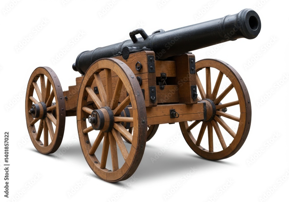 Isolated antique cannon with wooden carriage and black barrel on a white background studio shot Isolated antique cannon with wooden carriage and black barrel on a white background studio shot