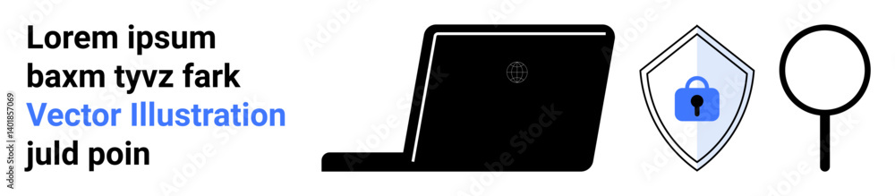 Laptop silhouette, shield with lock symbol, and magnifying glass highlighting data security and protection. Ideal for cybersecurity, technology, digital privacy, data protection, online safety Laptop silhouette, shield with lock symbol, and magnifying glass highlighting data security and protection. Ideal for cybersecurity, technology, digital privacy, data protection, online safety