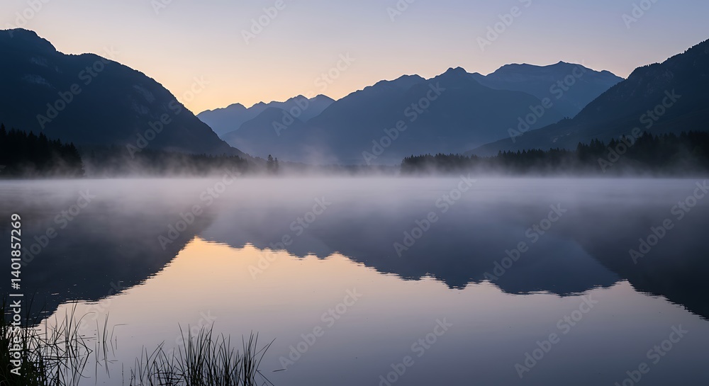 Fototapeta premium Misty Lake Reflecting Mountains at Dusk Creates a Serene Nature Scene
