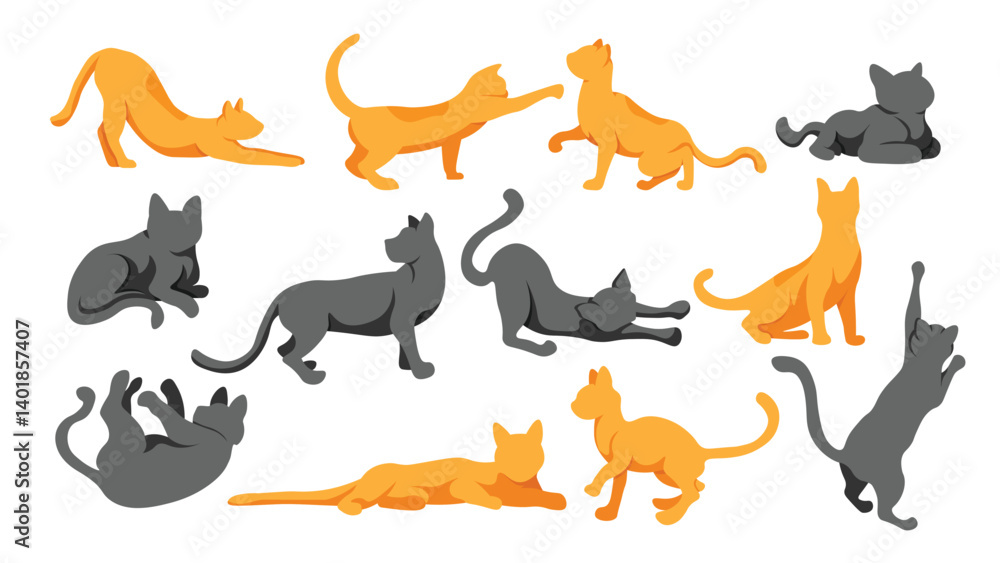 Collection of faceless cat flat style in various poses. Playing and resting kitten illustration set Collection of faceless cat flat style in various poses. Playing and resting kitten illustration set
