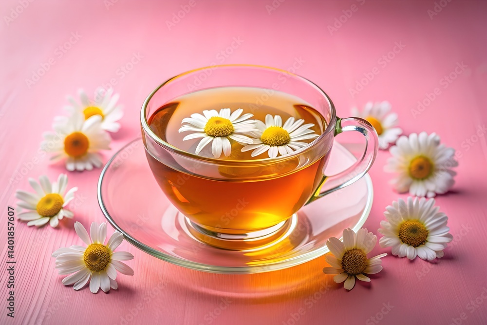 chamomile tea on gradient pink background chamomile tea on gradient pink background