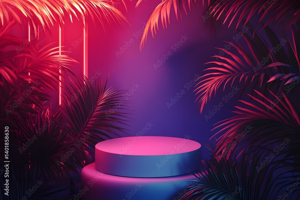 White, empty podium with palm leaves in the background, product presentation design, vector illustration. White, empty stage mockup for the display of products or cosmetics, 3D rendering. Background White, empty podium with palm leaves in the background, product presentation design, vector illustration. White, empty stage mockup for the display of products or cosmetics, 3D rendering. Background