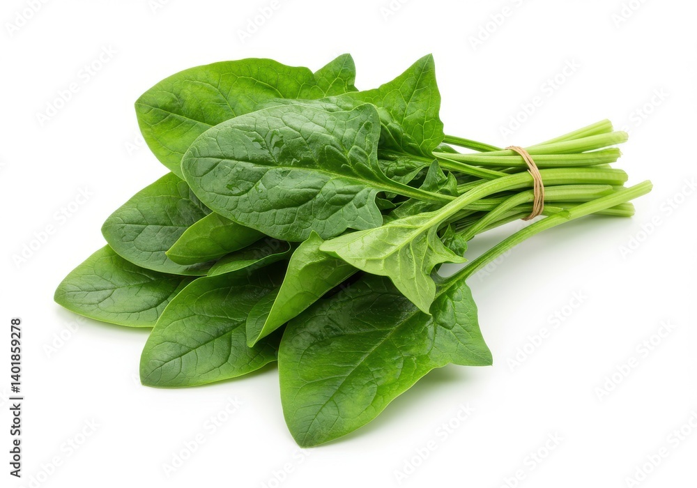 A bunch of fresh spinach leaves tied together with a brown band on a white background surface view A bunch of fresh spinach leaves tied together with a brown band on a white background surface view