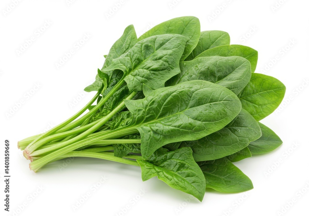 A bunch of fresh spinach leaves with green stems isolated on a plain white surface in a studio shot A bunch of fresh spinach leaves with green stems isolated on a plain white surface in a studio shot