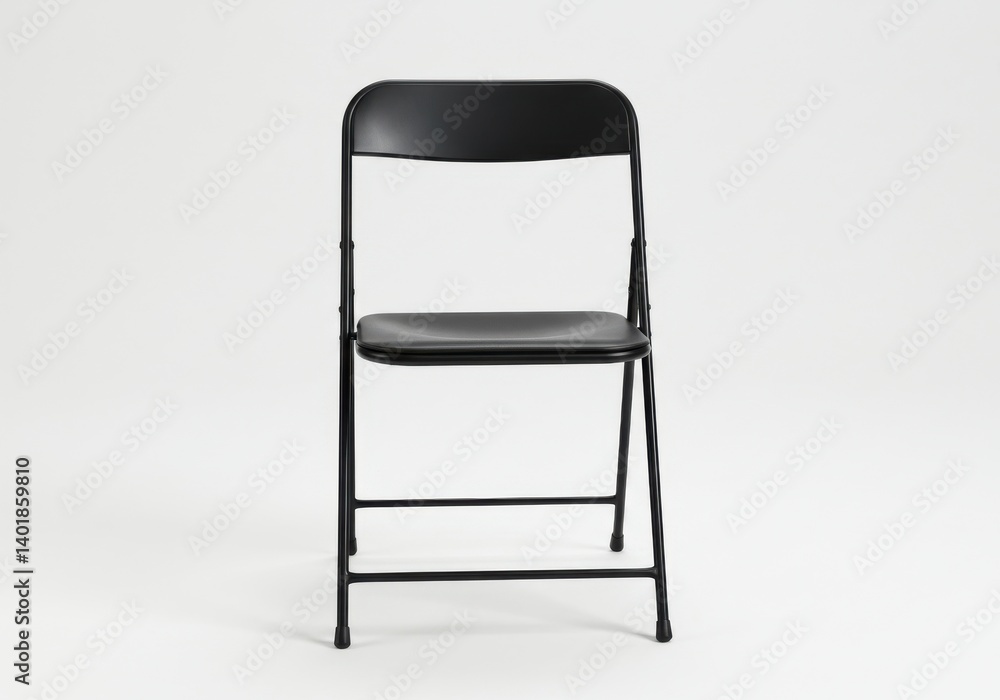 A frontal view of a black folding chair on a white background in a studio setting showing details A frontal view of a black folding chair on a white background in a studio setting showing details