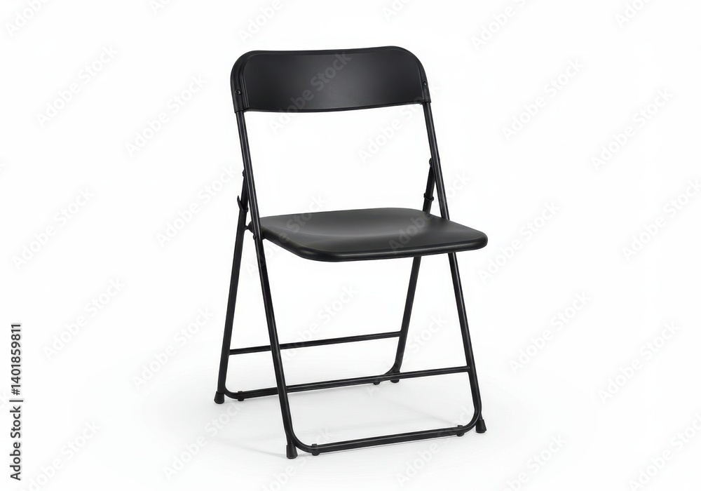 A single black folding chair is centered on a white background in a studio setting light evenly A single black folding chair is centered on a white background in a studio setting light evenly
