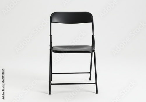A frontal view of a black folding chair on a white background in a studio setting showing details