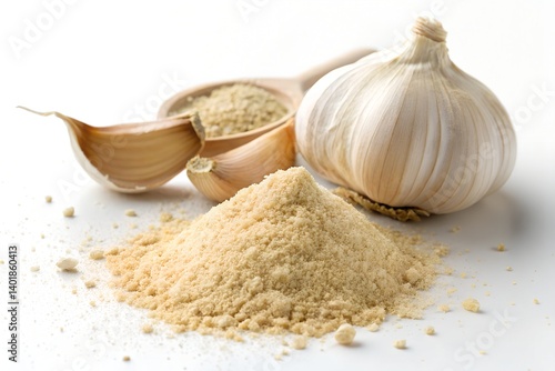 garlic powder with garlic isolated on white background
