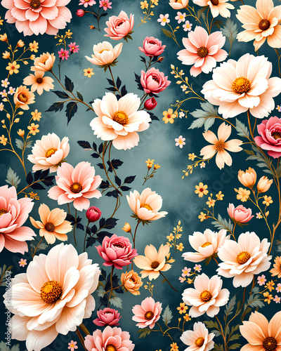 Wallpaper Mural Vintage floral pattern with pink and white flowers, dark teal background floral pattern for fabric or wallpaper, botanical illustration floral pattern with cosmos and roses Torontodigital.ca