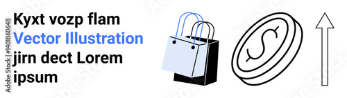 Shopping bags, coin with dollar symbol, and upward arrow suggesting financial growth. Ideal for e-commerce, retail, finance, marketing, online shopping, sales increase flat landing page banner