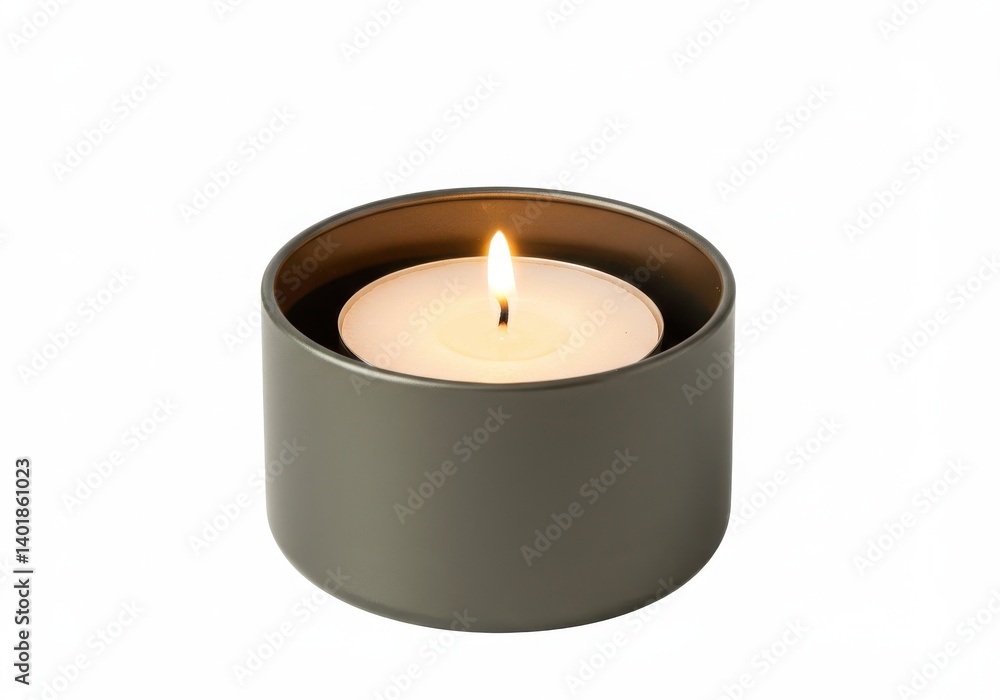 A lit tea light candle sitting in a gray cylindrical holder on a plain white background image scene A lit tea light candle sitting in a gray cylindrical holder on a plain white background image scene
