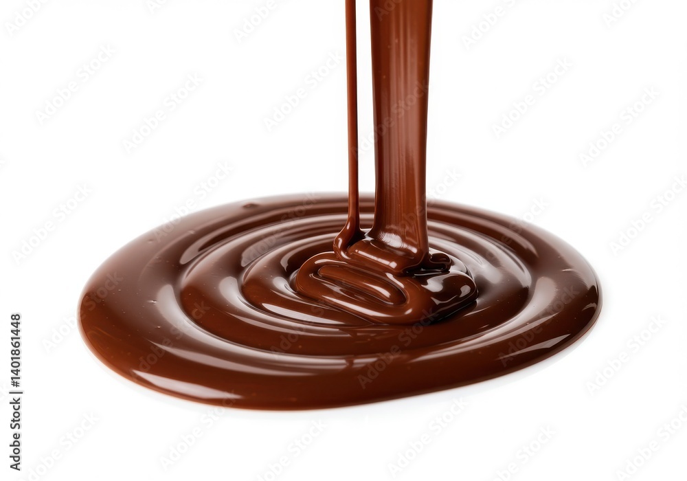 Chocolate syrup pouring down in a swirl on a white background creating a delicious dessert treat