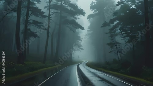 A Misty Forest Road Beckons with Quiet Mystery and Serene Adventure
