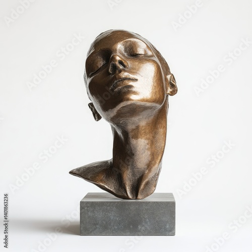 Bronze bust of a woman, serene and elegant pose.  Detailed depiction of facial features, neck, and shoulders, set on a stone base