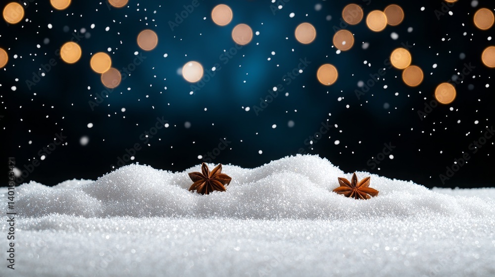 Snowy Scene with Anise Spices on White Snow in a Magical Winter Wonderland Background with Blurred Lights Snowy Scene with Anise Spices on White Snow in a Magical Winter Wonderland Background with Blurred Lights